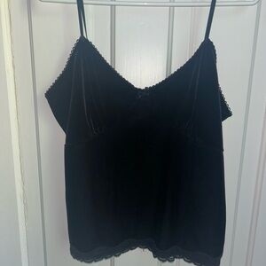 Talbot’s Elegant Black Cami Velvet Top — Lace Trim & Bow — Size L